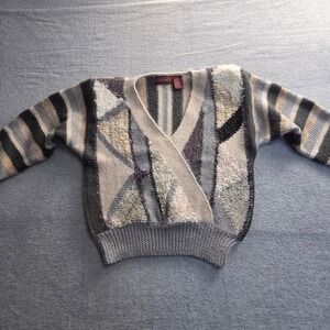 GINENNE PETITE Partial Angora Striped Textured Vintage V-Neck Sweater Women's S